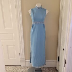 Vintage 70s pale blue linge sheath dress with embroidery trim size S